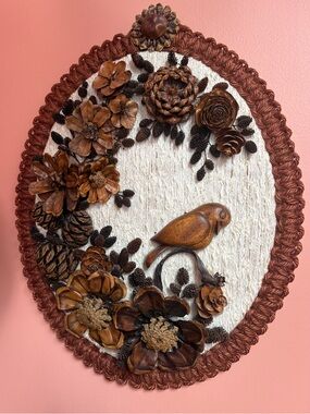 Handcrafted Wooden Flower & Bird Wall Plaque - Brown